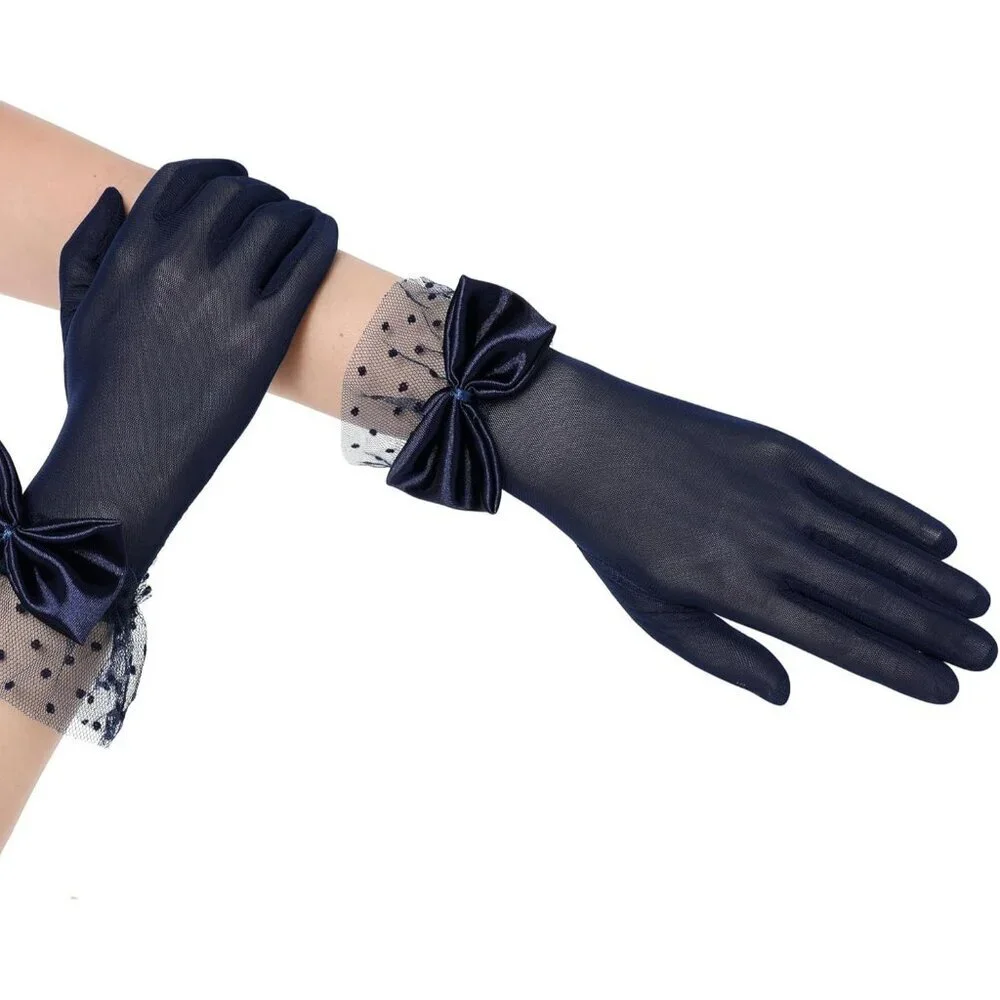 Women's Bow Gloves Navy Blue Short Lace Evening Wedding Accessories Party Prom